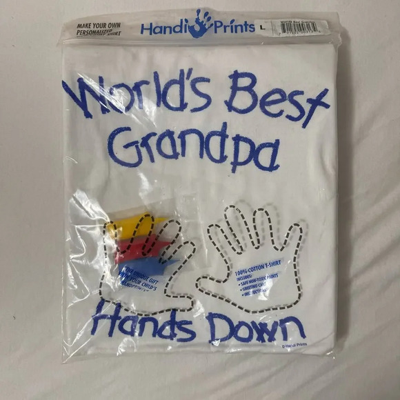 Words Best grandpa white T shirt Sz L with painting kit yellow, red & blue hand - Picture 5 of 7